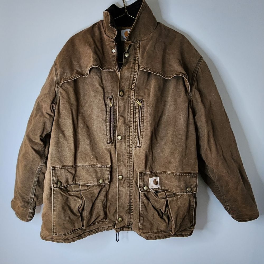 Carhartt quilted coat brown full zip closure work coat men's XL cinch waistband